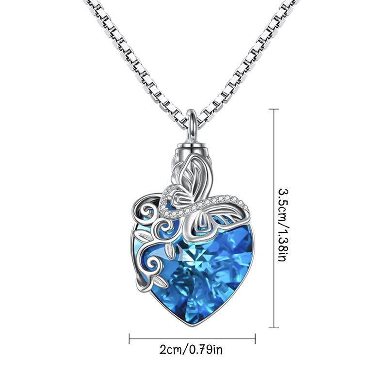 Urn Necklace For Cremation Ashes Necklace Butterfly Heart Blue Crystal Keep Memory For Family Human or Pets