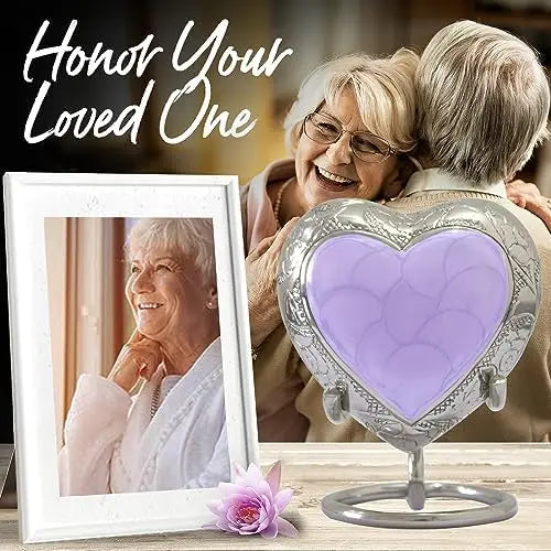 Heart Urn for Human Ashes - Lavender Heart Cremation Urn - Mini Urn with Box & Stand - Heart Shaped Urn Memorial