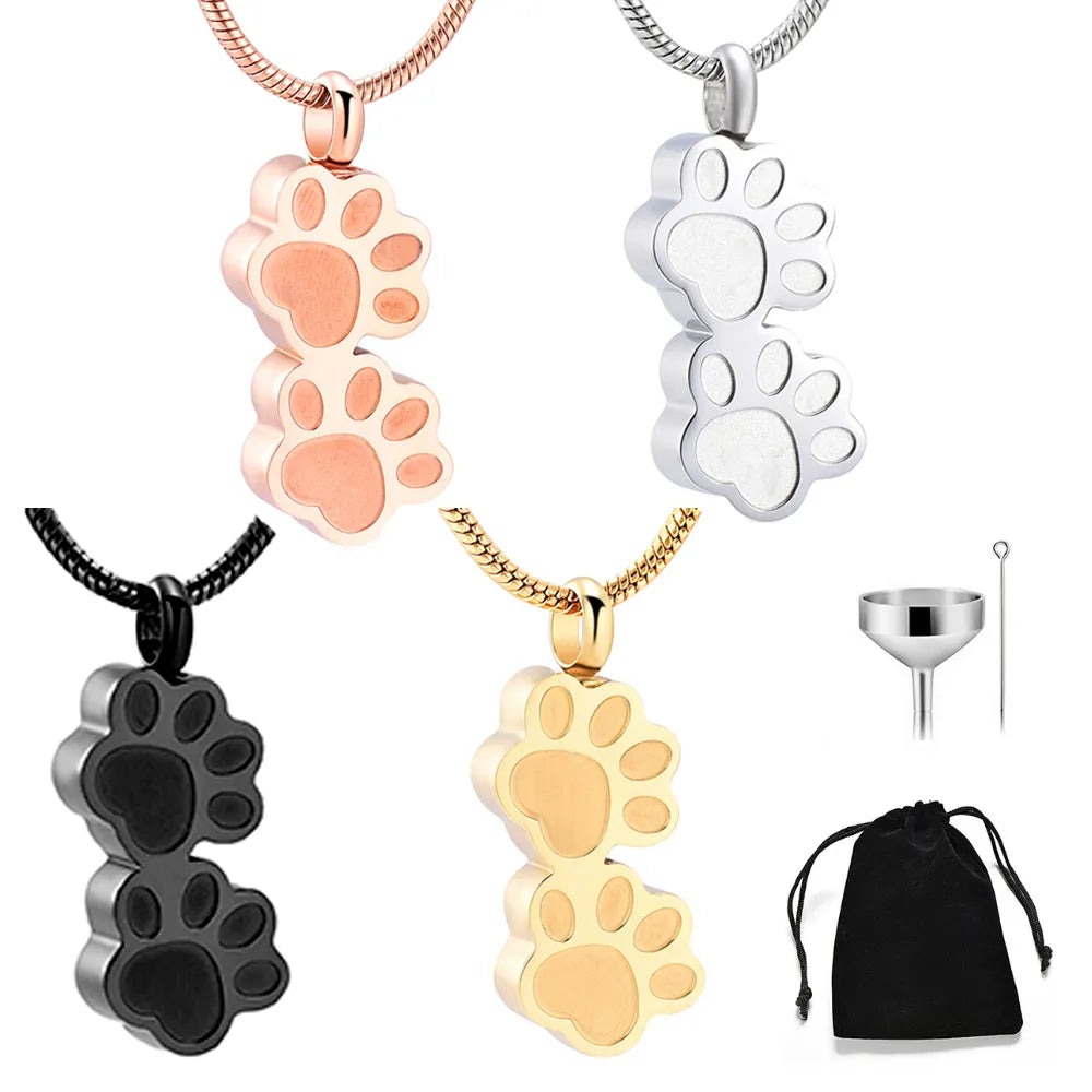 Double Cat/ Dog Paw Stainless Steel Urn Necklace for Pet Ashes Jewelry