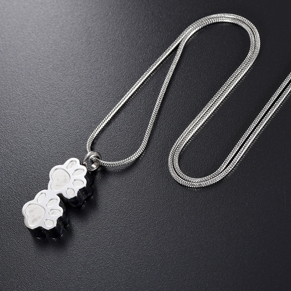 Double Cat/ Dog Paw Stainless Steel Urn Necklace for Pet Ashes Jewelry