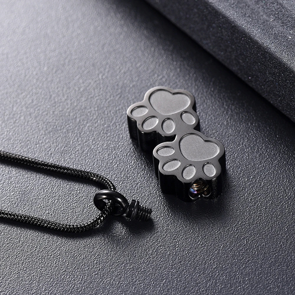 Double Cat/ Dog Paw Stainless Steel Urn Necklace for Pet Ashes Jewelry