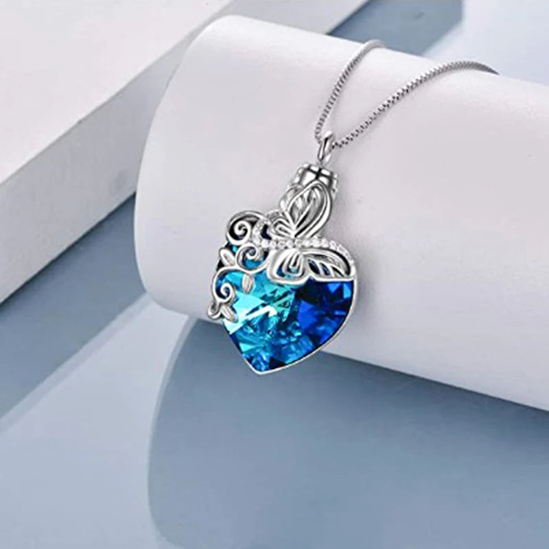 Urn Necklace For Cremation Ashes Necklace Butterfly Heart Blue Crystal Keep Memory For Family Human or Pets