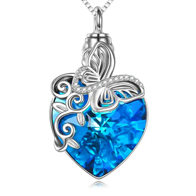 Urn Necklace For Cremation Ashes Necklace Butterfly Heart Blue Crystal Keep Memory For Family Human or Pets