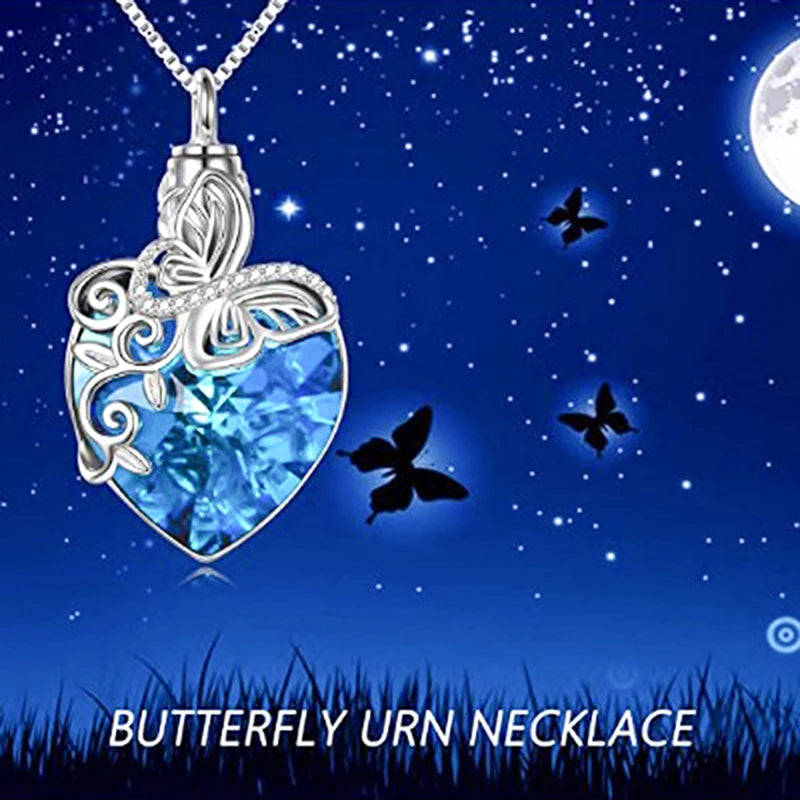 Urn Necklace For Cremation Ashes Necklace Butterfly Heart Blue Crystal Keep Memory For Family Human or Pets