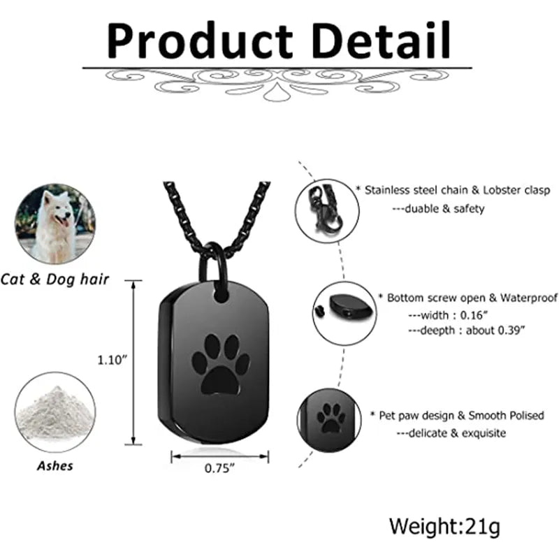 Cremation Jewelry Paw Print Urn Necklace for Ashes for Memorial Cat Dog