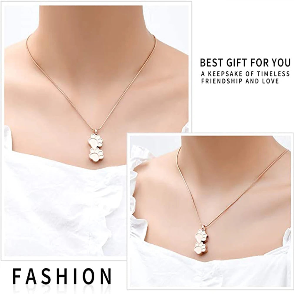 Double Cat/ Dog Paw Stainless Steel Urn Necklace for Pet Ashes Jewelry